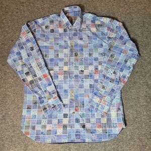 Luchiano Visconti Mens Shirt Size M  Square Blue Colorful Long Sleeve
